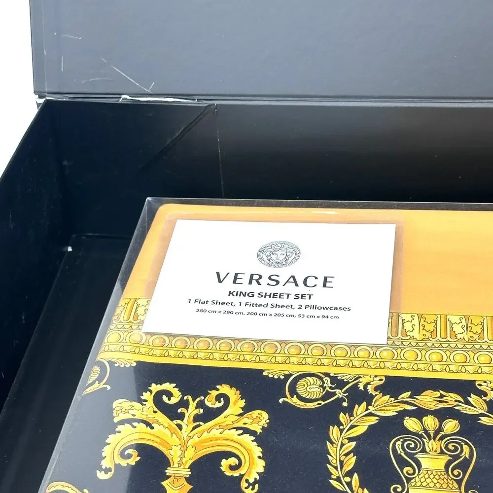 NIB Versace Home Bed Sheet Set 4 Pieces Gold Yellow Barocco Print King Size